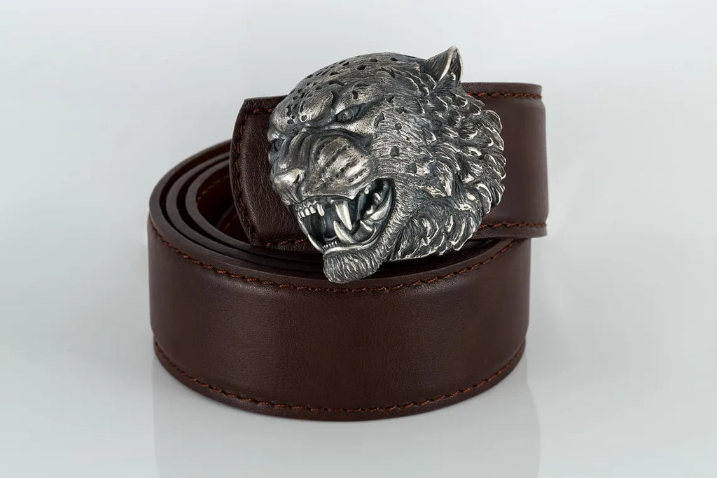 Handcrafted sterling silver snow leopard belt buckle with leather strap
