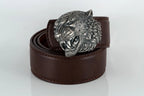Handcrafted sterling silver snow leopard belt buckle with leather strap