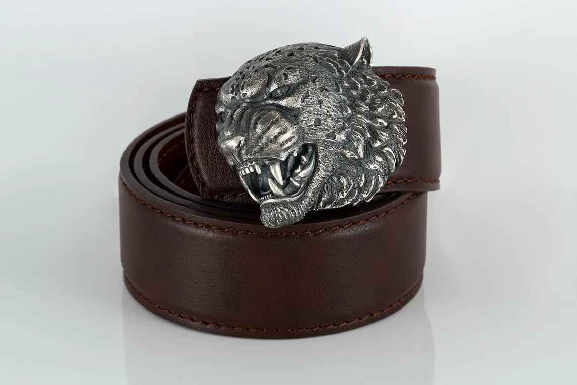 Handcrafted sterling silver snow leopard belt buckle with leather strap