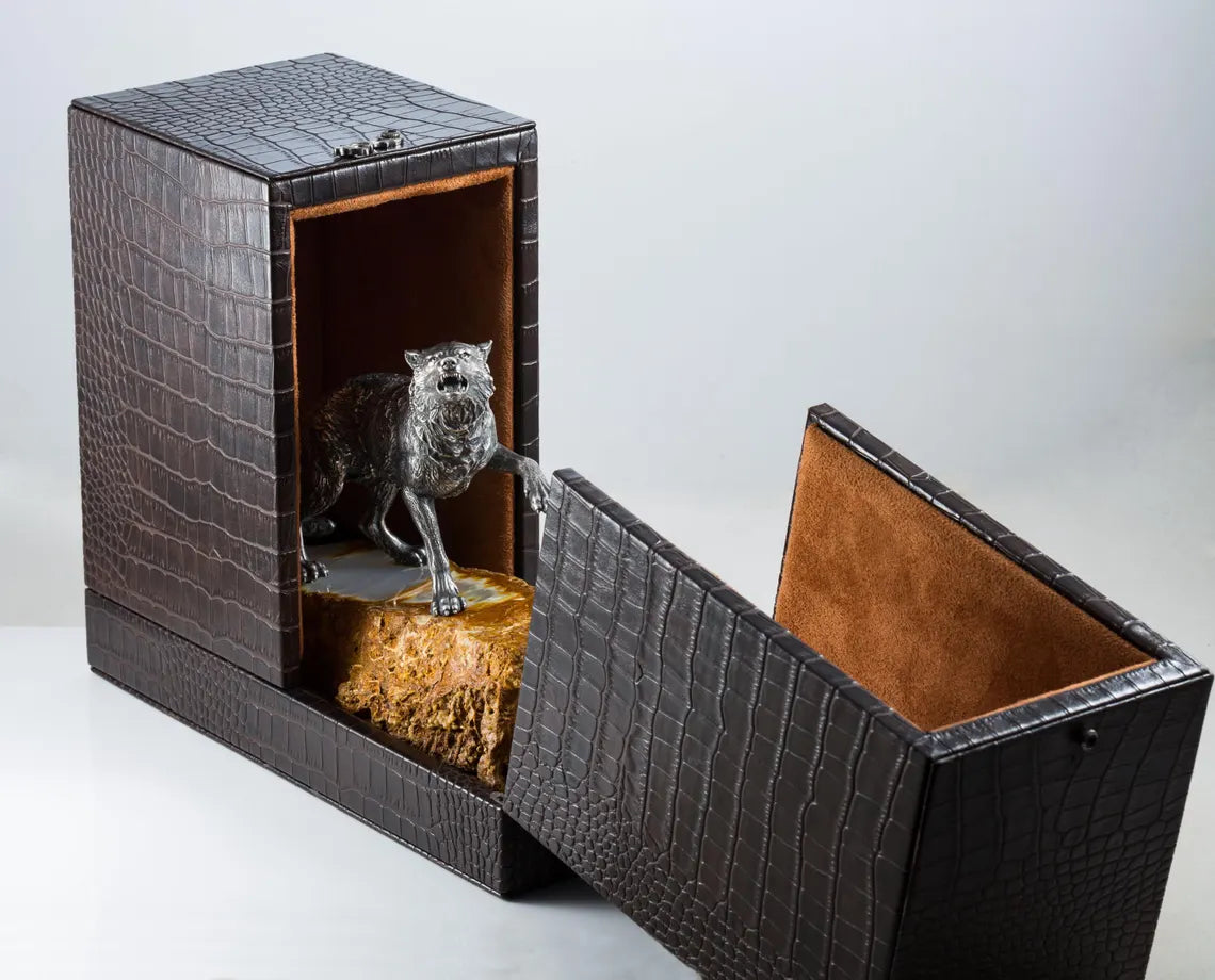 Wolf Silver Sculpture on Onyx