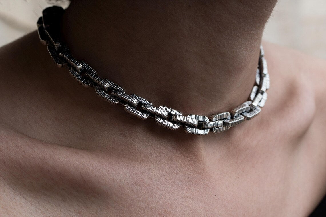 Bold unisex silver necklace with textured cable links
