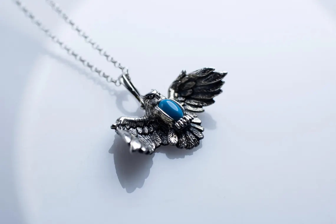 Flying owl sterling silver pendant detail