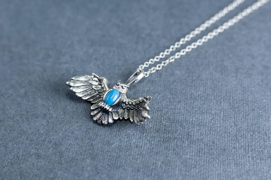Sterling Silver Flying Owl Pendant – Bird Totem Necklace – Nature-Inspired Jewelry