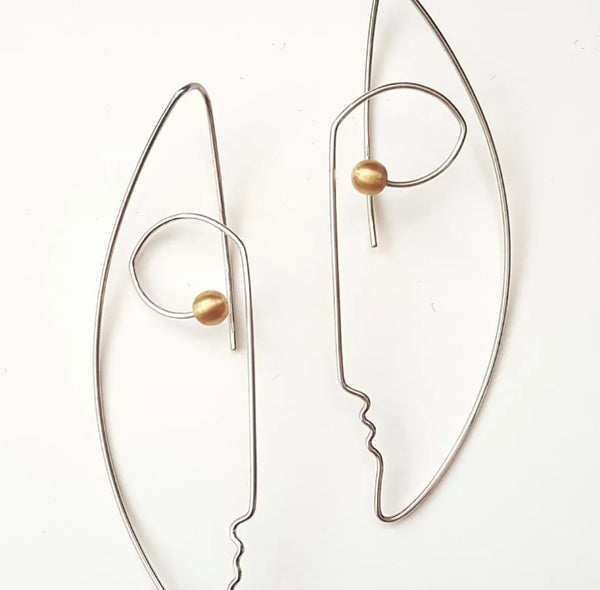 Handcrafted sterling silver face line art earrings with gold bead