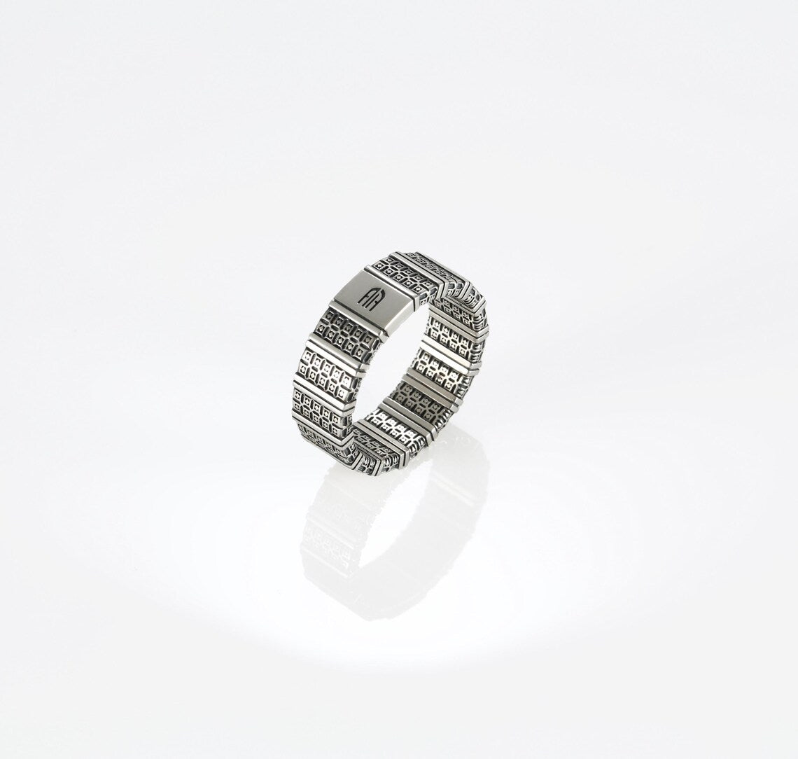 Oxidized sterling silver engraved band ring design