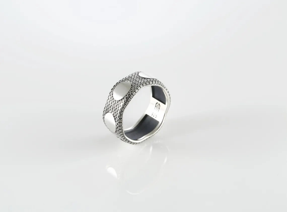Men’s sterling silver textured ring with brushed oval detail