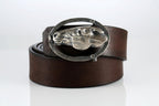 Handcrafted sterling silver horse head belt buckle on brown leather belt