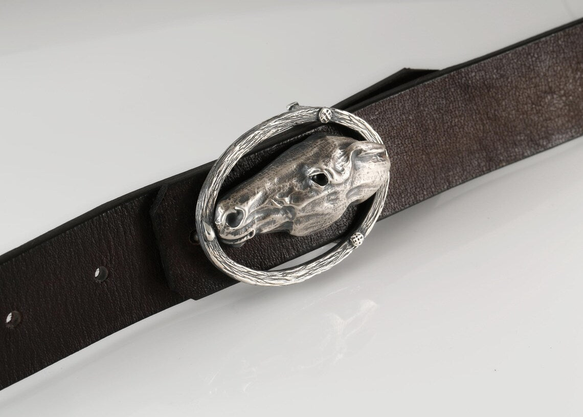 Premium handmade leather belt with sterling silver horse buckle