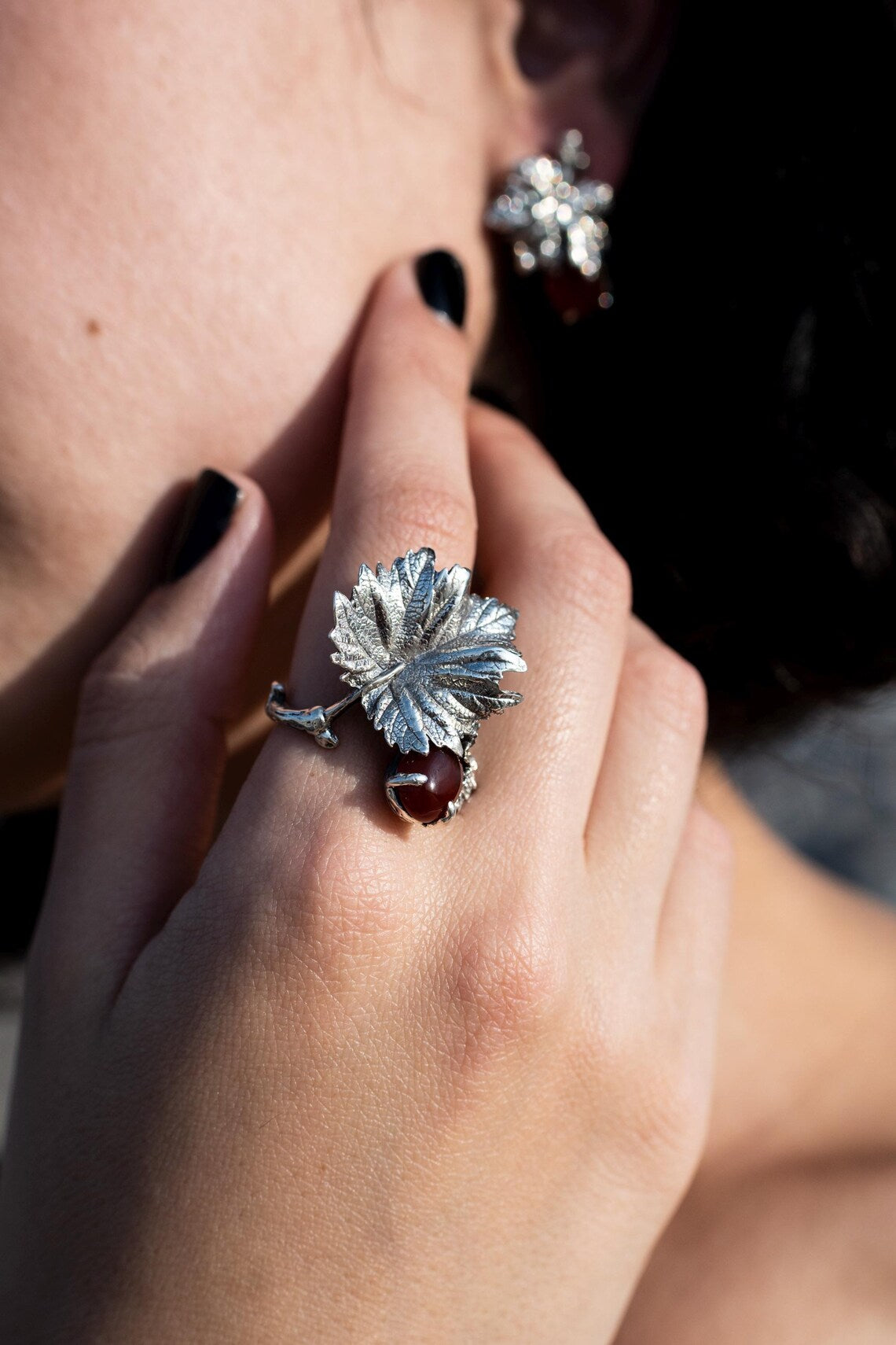 Red carnelian silver statement ring
