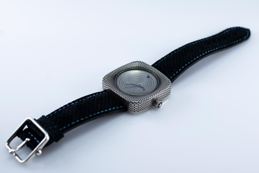 Handcrafted 925 Sterling Silver Square Watch with Blue Enamel Hands