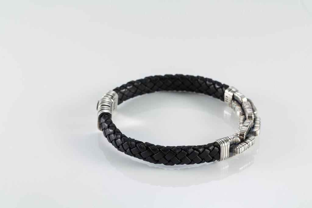 Black leather mens bracelet