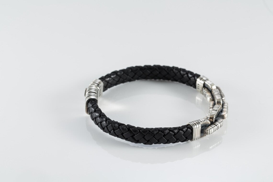 Black leather mens bracelet