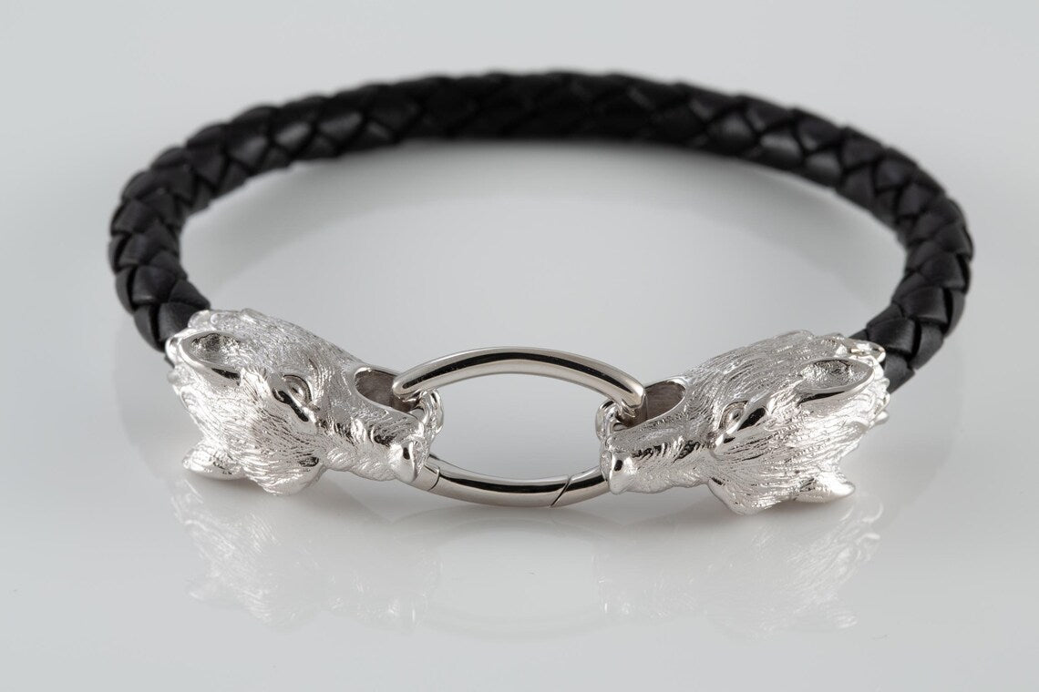 Wolf head leather bracelet for men