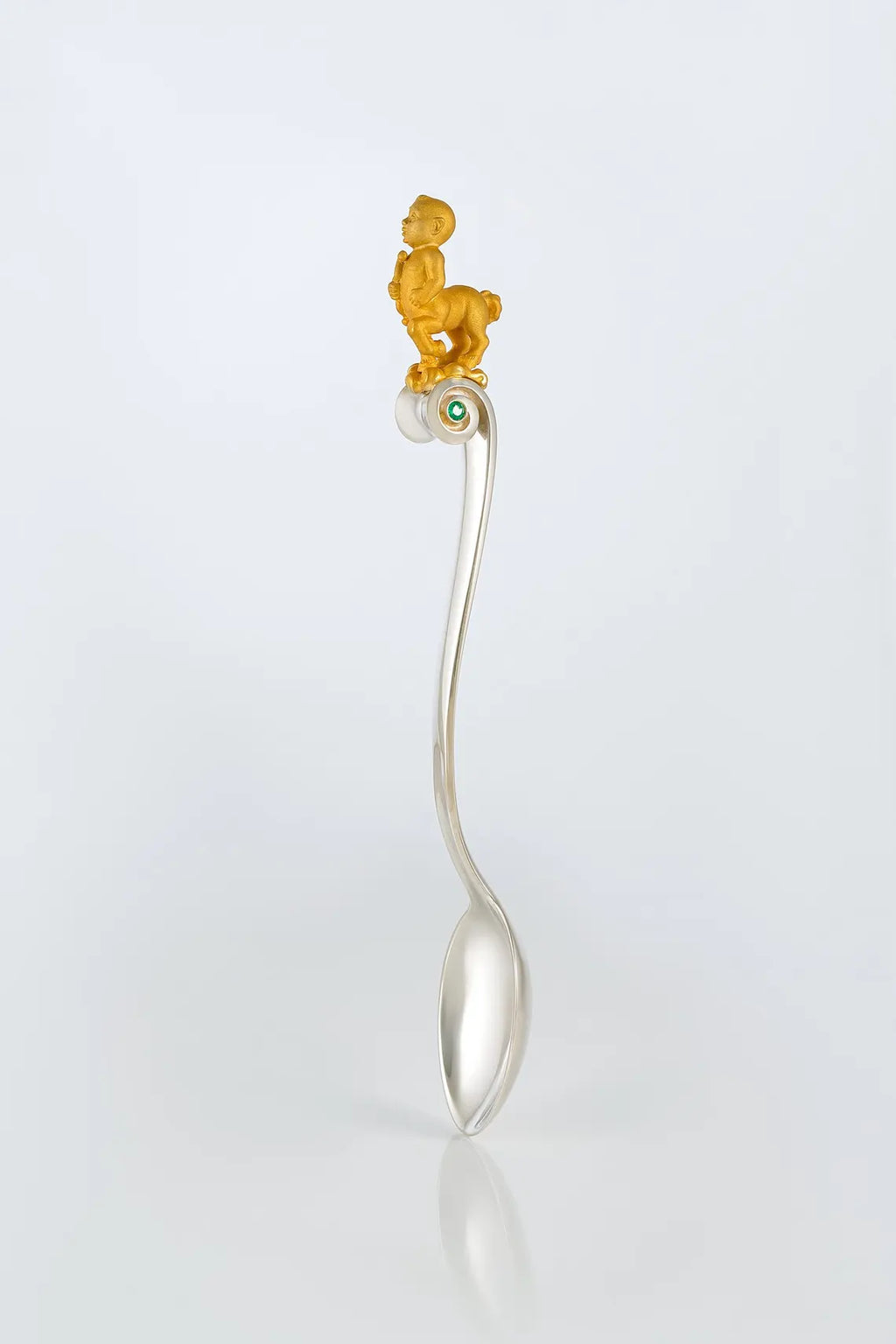 Handcrafted sterling silver Sagittarius baby spoon with emerald stone