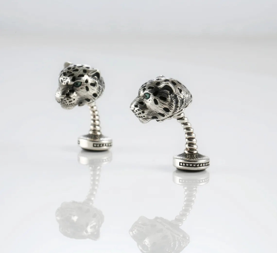 Handmade sterling silver leopard head cufflinks
