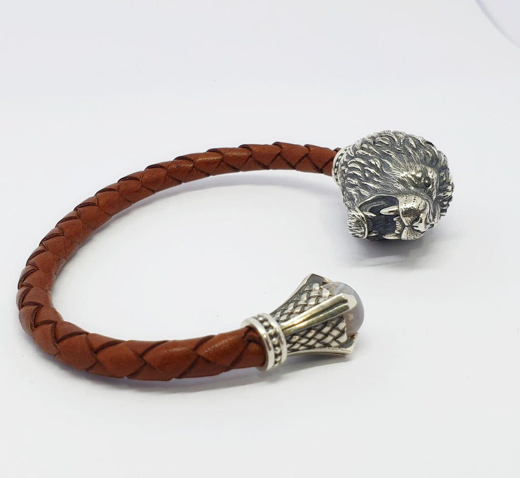 Mens silver and leather bracelet