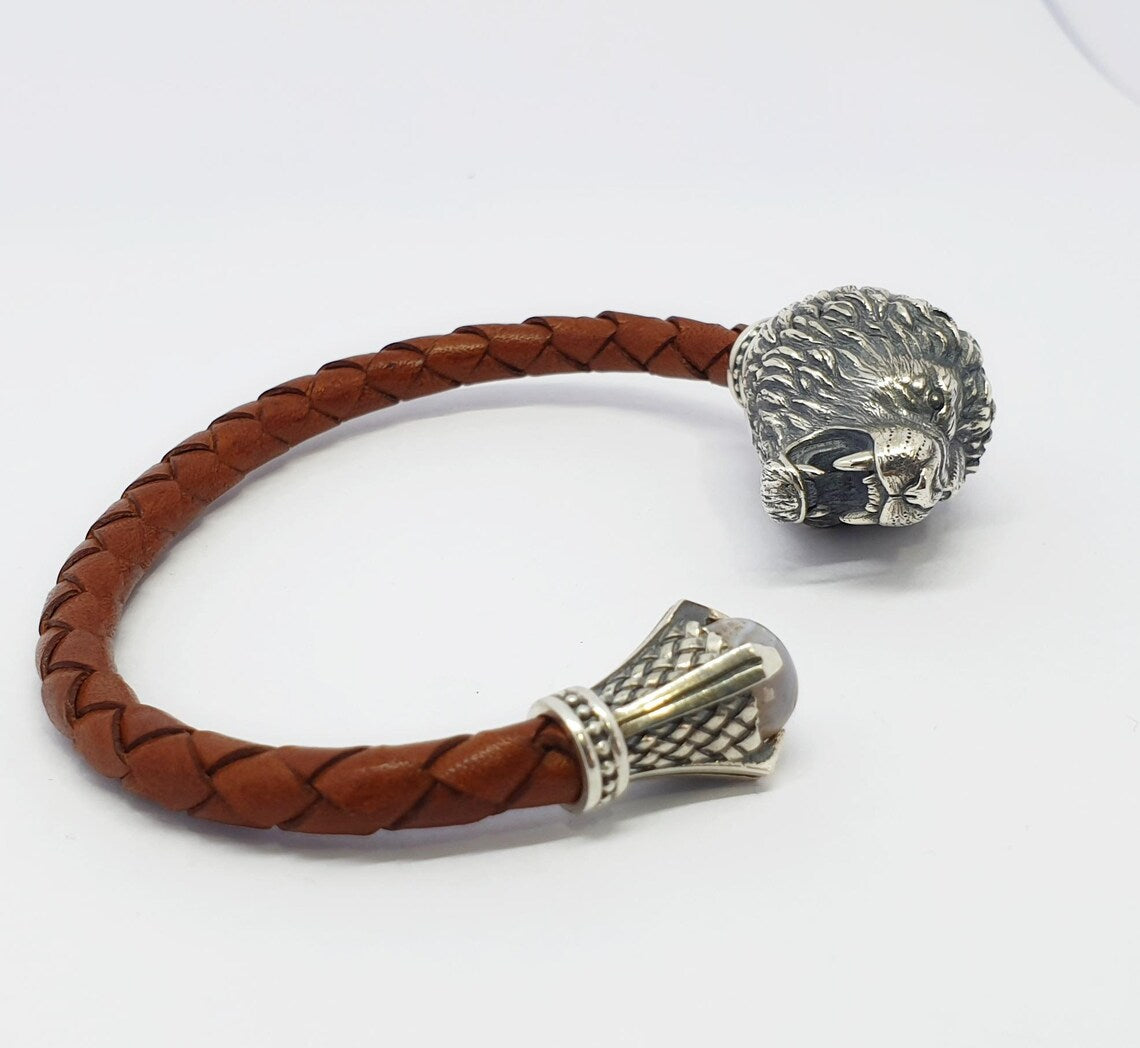 Mens silver and leather bracelet
