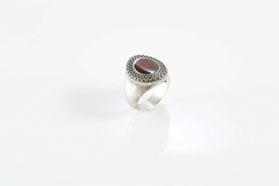 Men's red enamel sterling silver jewelry ring