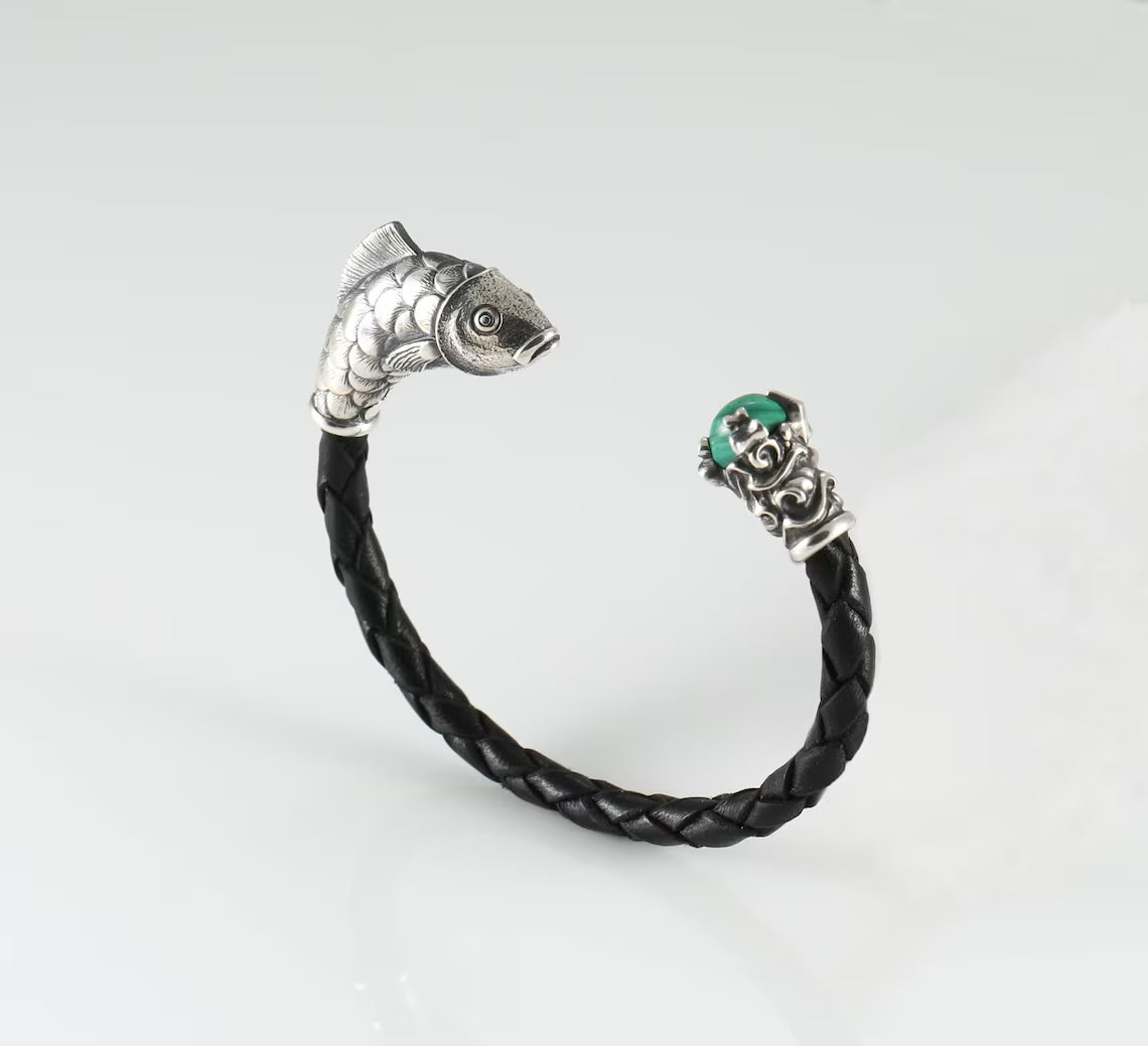 Handmade fish head silver bracelet close-up