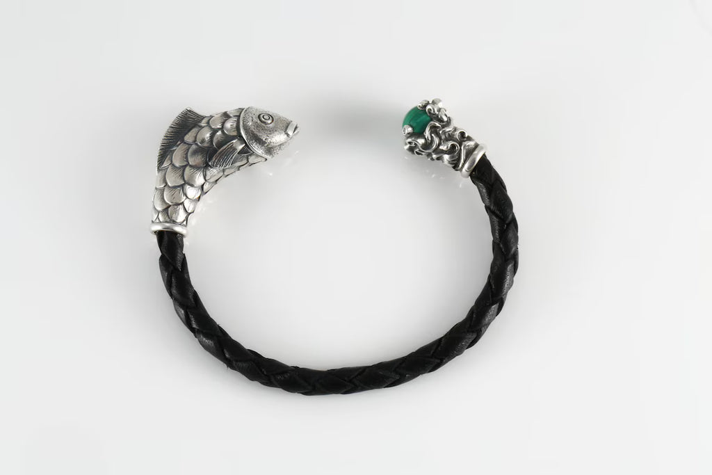 Fish Head Leather Bracelet for Men – Sterling Silver Malachite Cuff