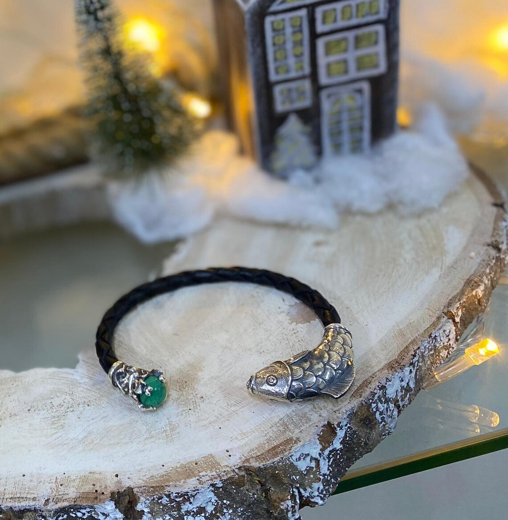 Fish Head Leather Bracelet for Men – Sterling Silver Malachite Cuff