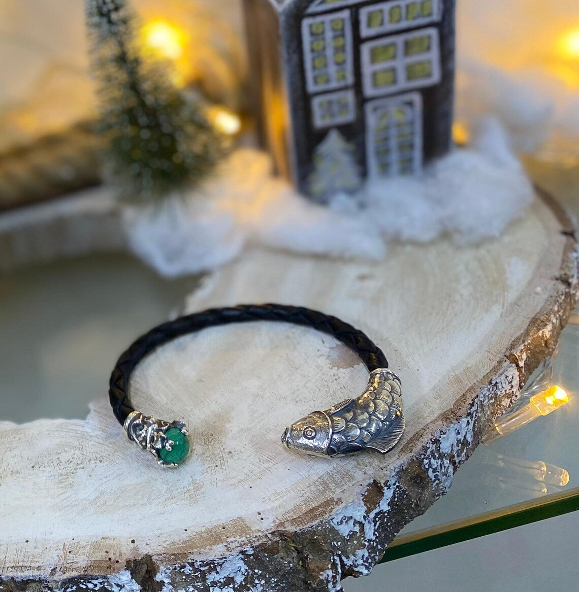 Artisan fish head bracelet with malachite
