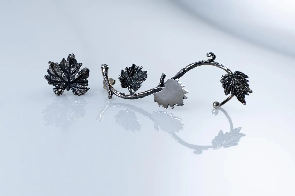 Handcrafted sterling silver vine leaf ear cuff botanical earrings