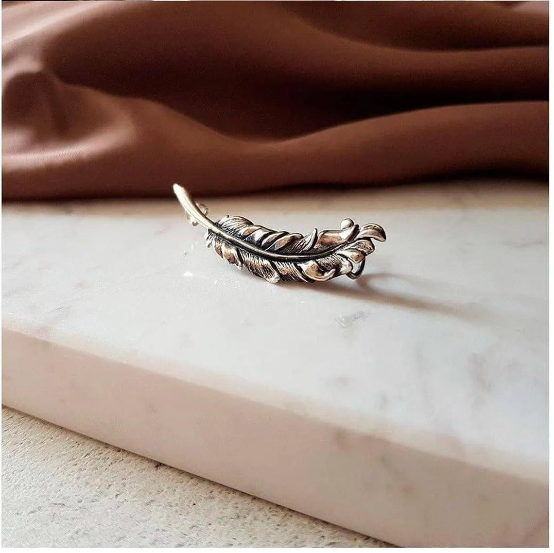 Boho sterling silver feather ear cuff