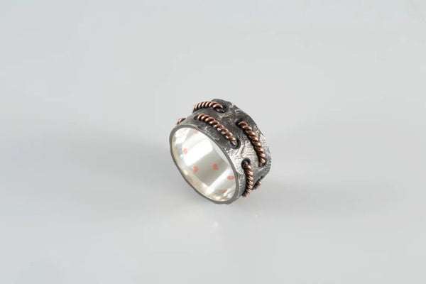 Handmade rustic sterling silver and copper men’s ring wide band