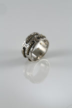Masculine wide band artisan ring in 925 sterling silver