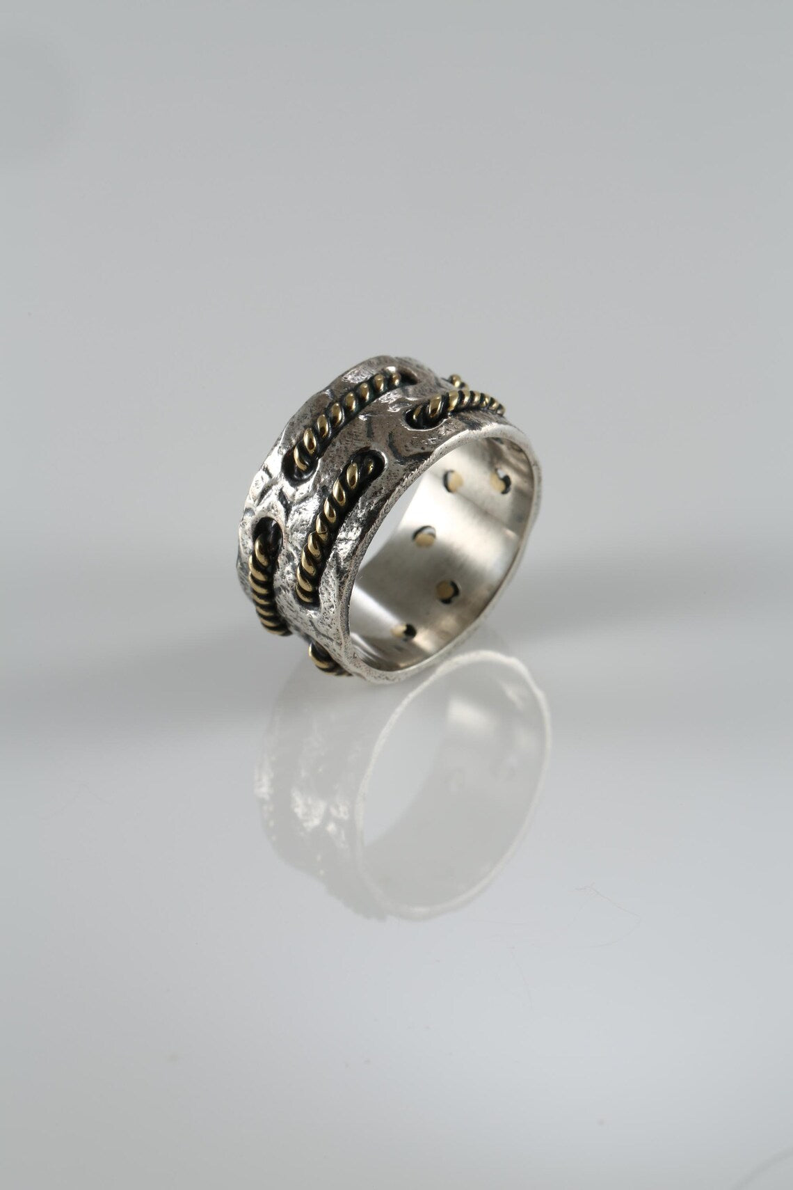Masculine wide band artisan ring in 925 sterling silver