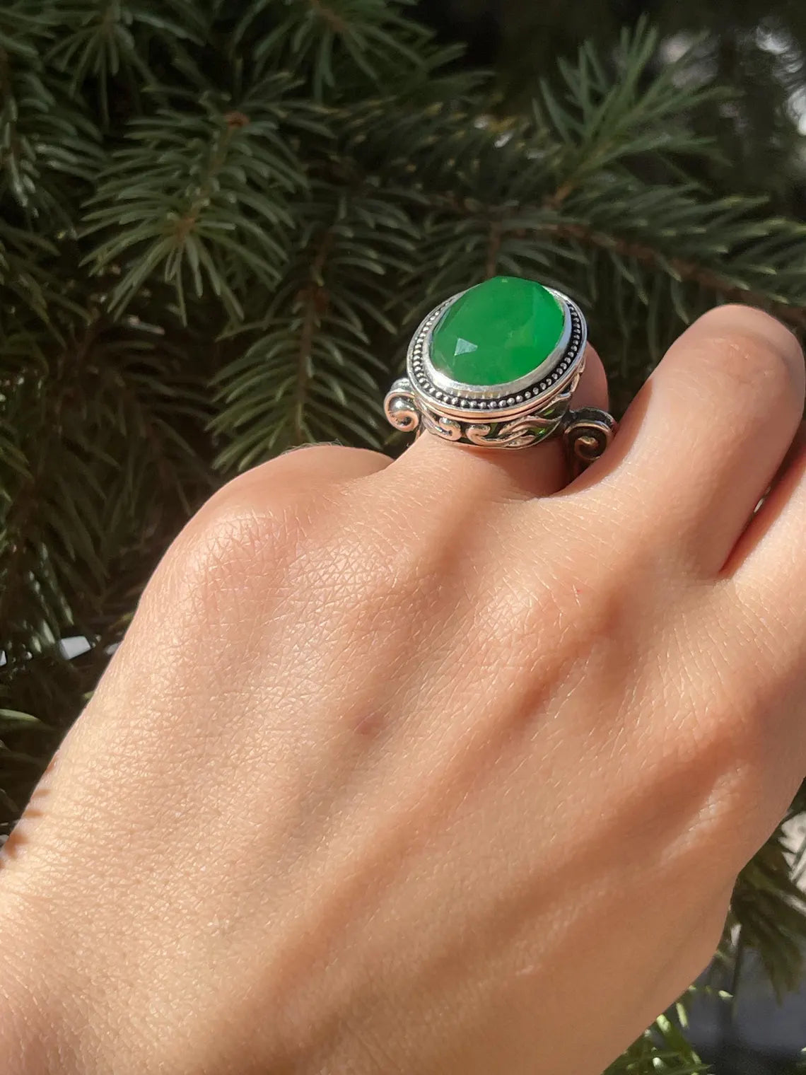 Hand wearing a green stone ring with silver band against a blurred green background