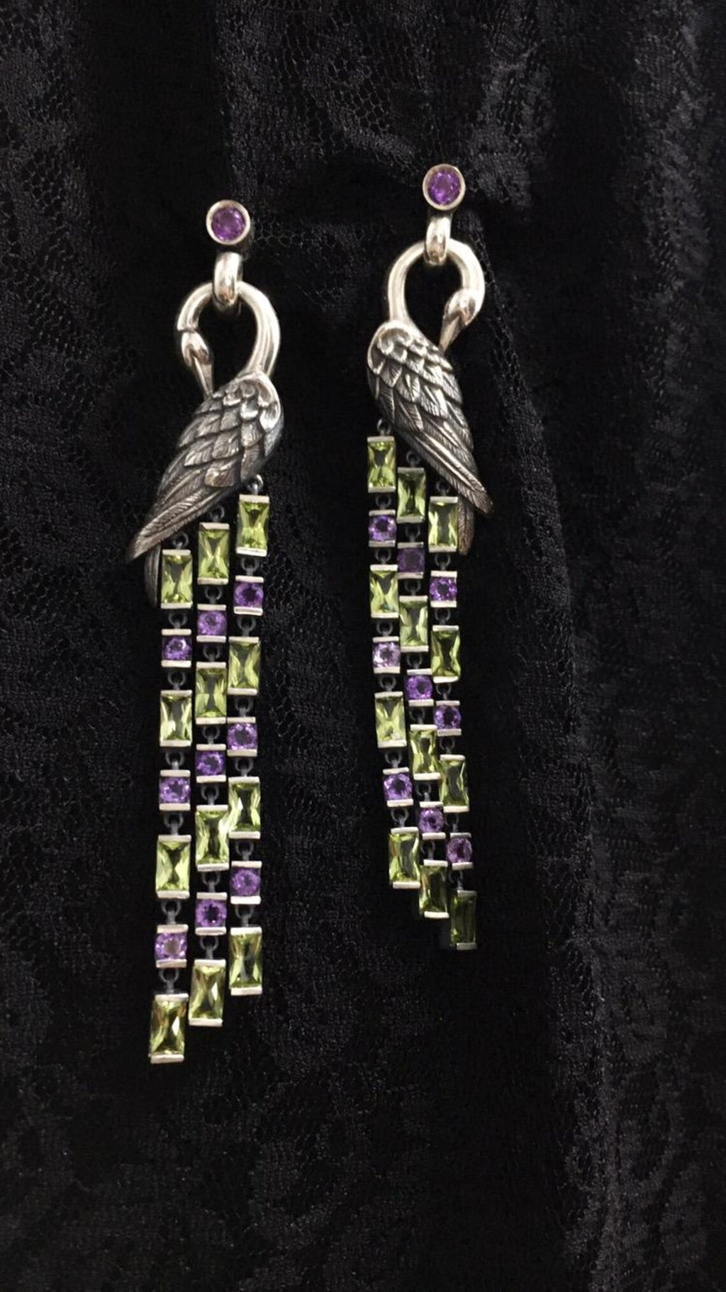 Handcrafted Sterling Silver Firebird Earrings with Peridot & Amethyst – Mythical Statement Jewelry