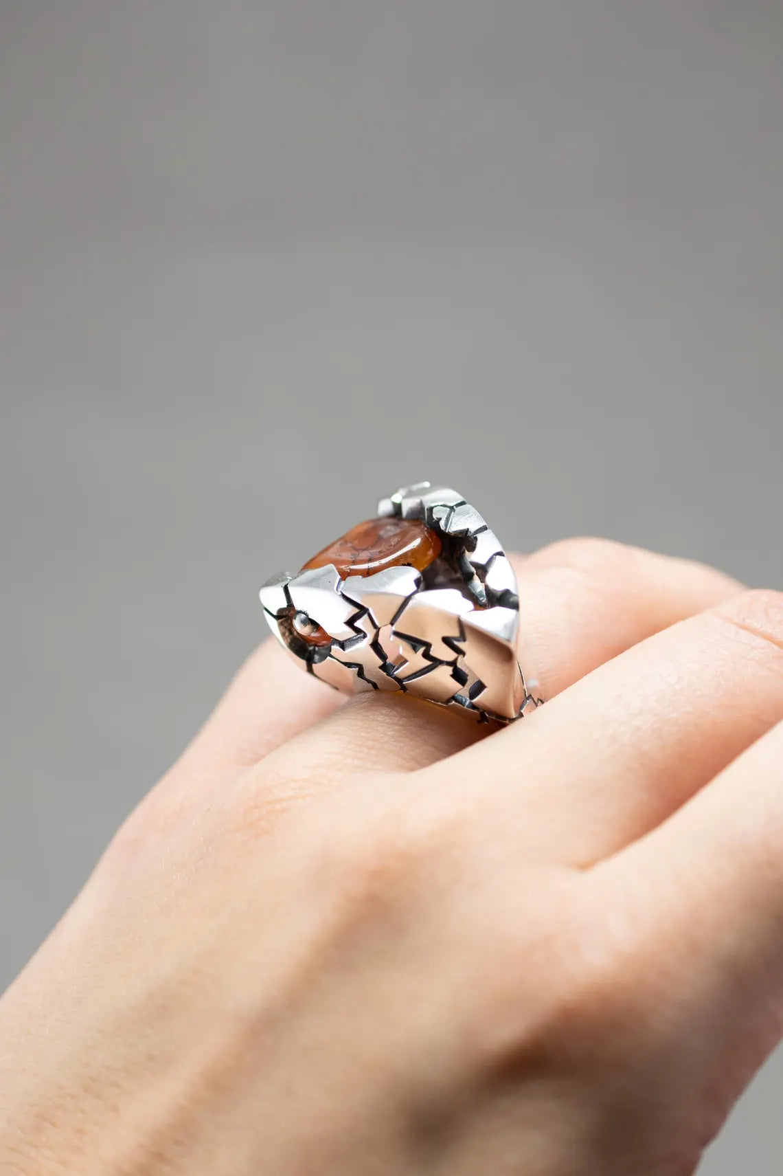Handmade sterling silver red banded agate statement ring