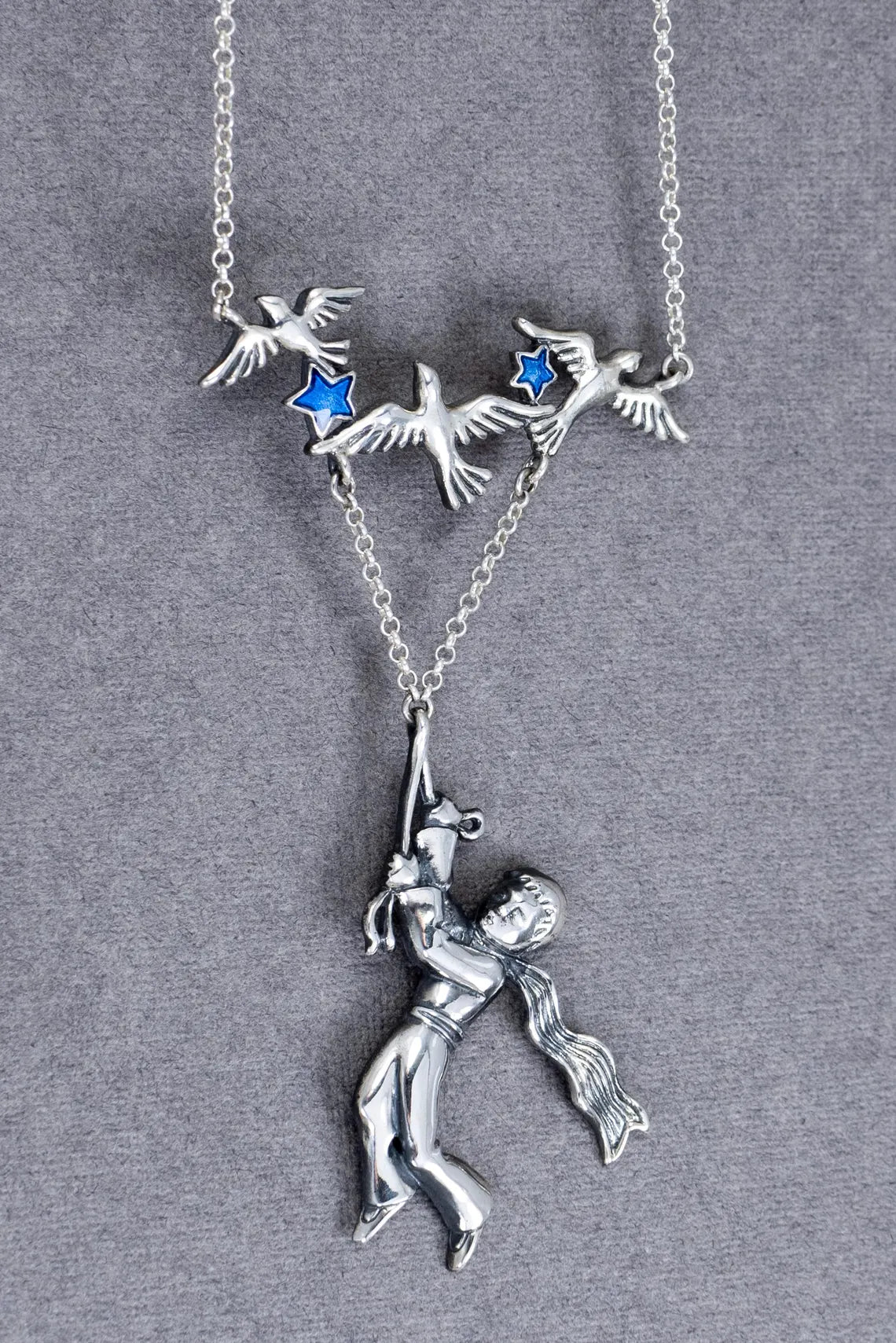 Celestial silver necklace with blue enamel stars