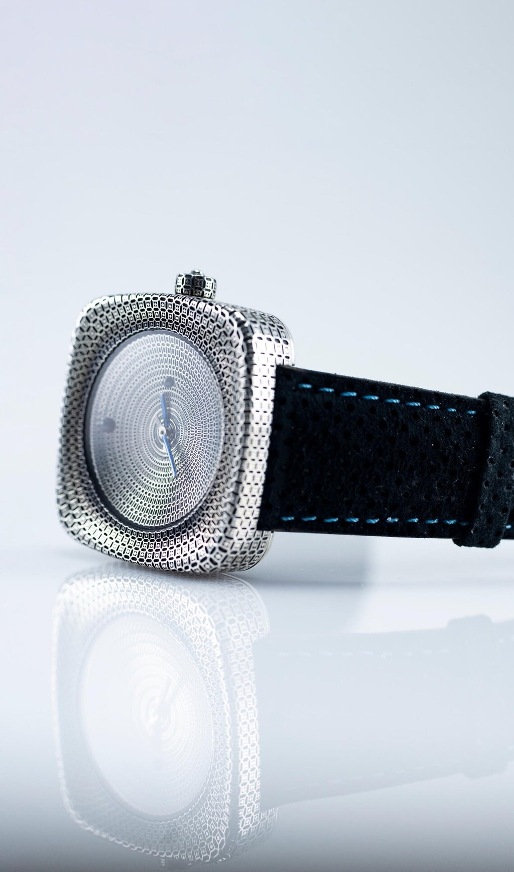 Handcrafted 925 Sterling Silver Square Watch with Blue Enamel Hands