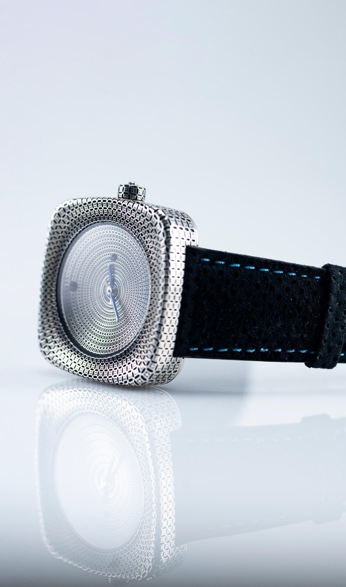 Handcrafted 925 Sterling Silver Square Watch with Blue Enamel Hands