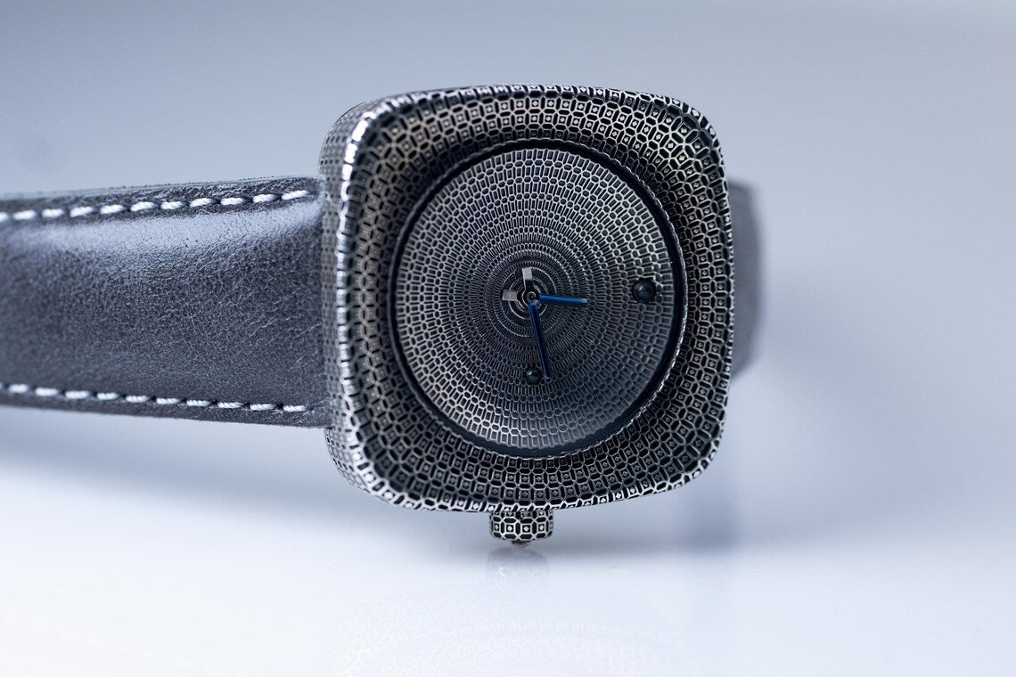 Handcrafted 925 Sterling Silver Square Watch with Blue Enamel Hands