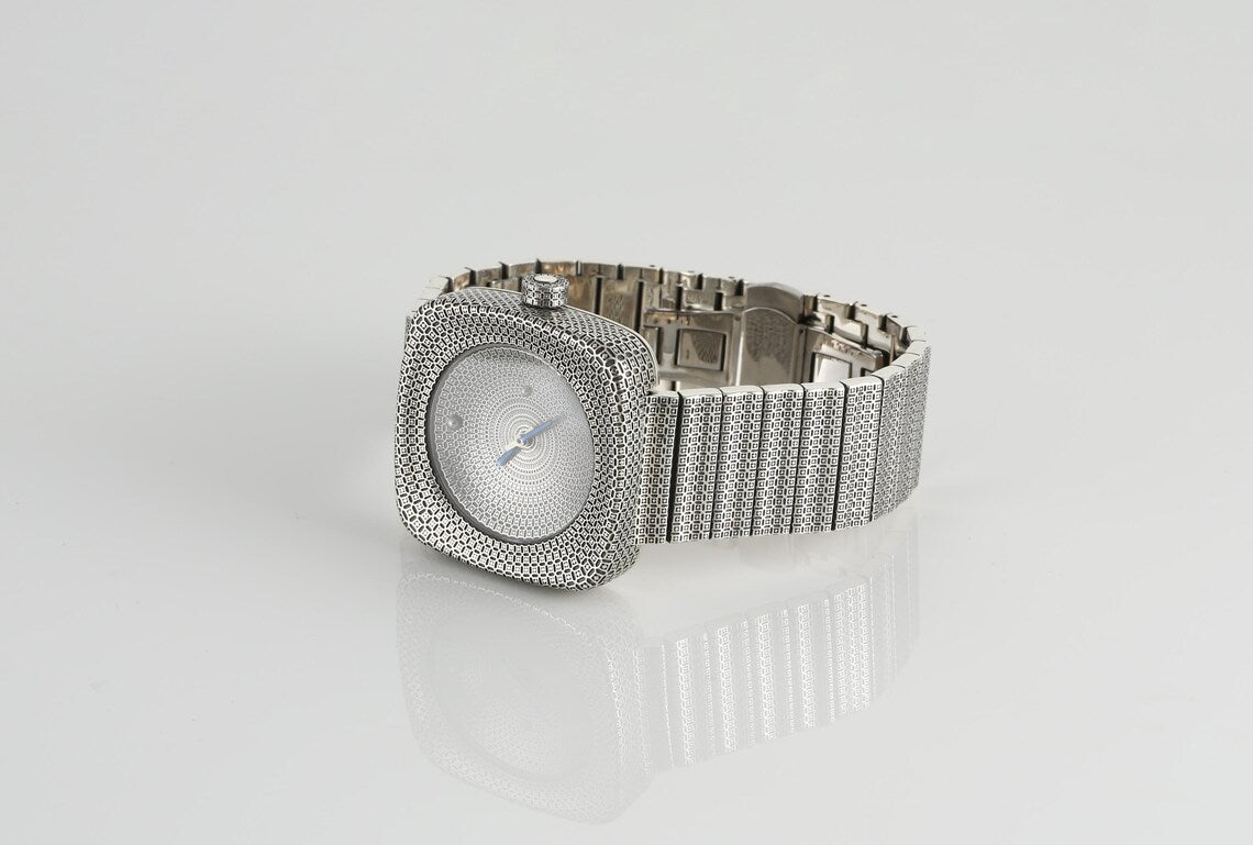 Handcrafted 925 Sterling Silver Square Watch with Blue Enamel Hands