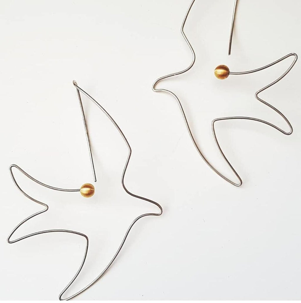 Handcrafted sterling silver bird earrings with pearl accents