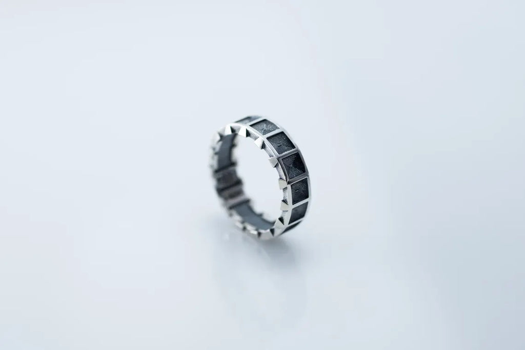 Handmade sterling silver ring with red inlay