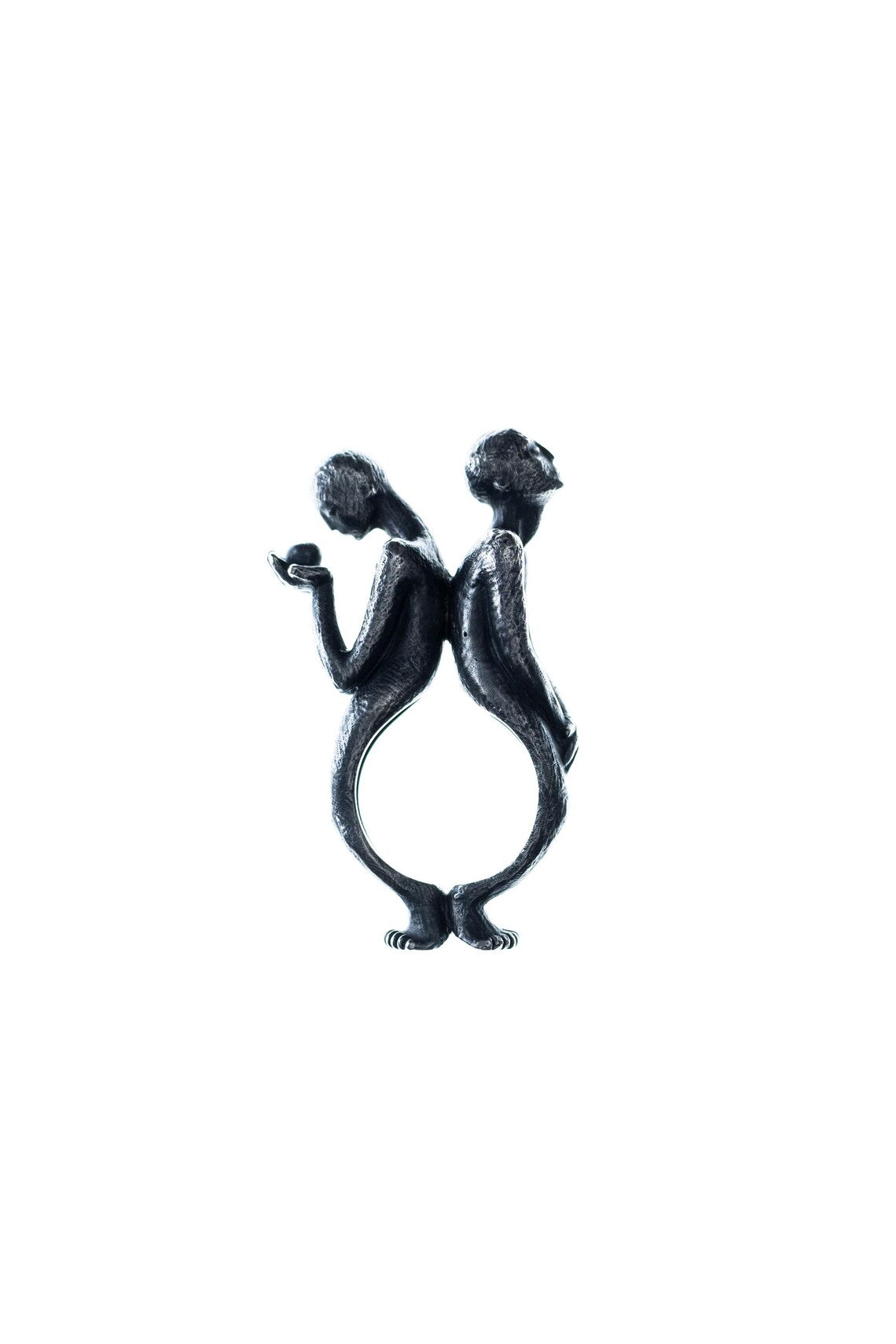 Oxidized silver wearable art ring with abstract human figures