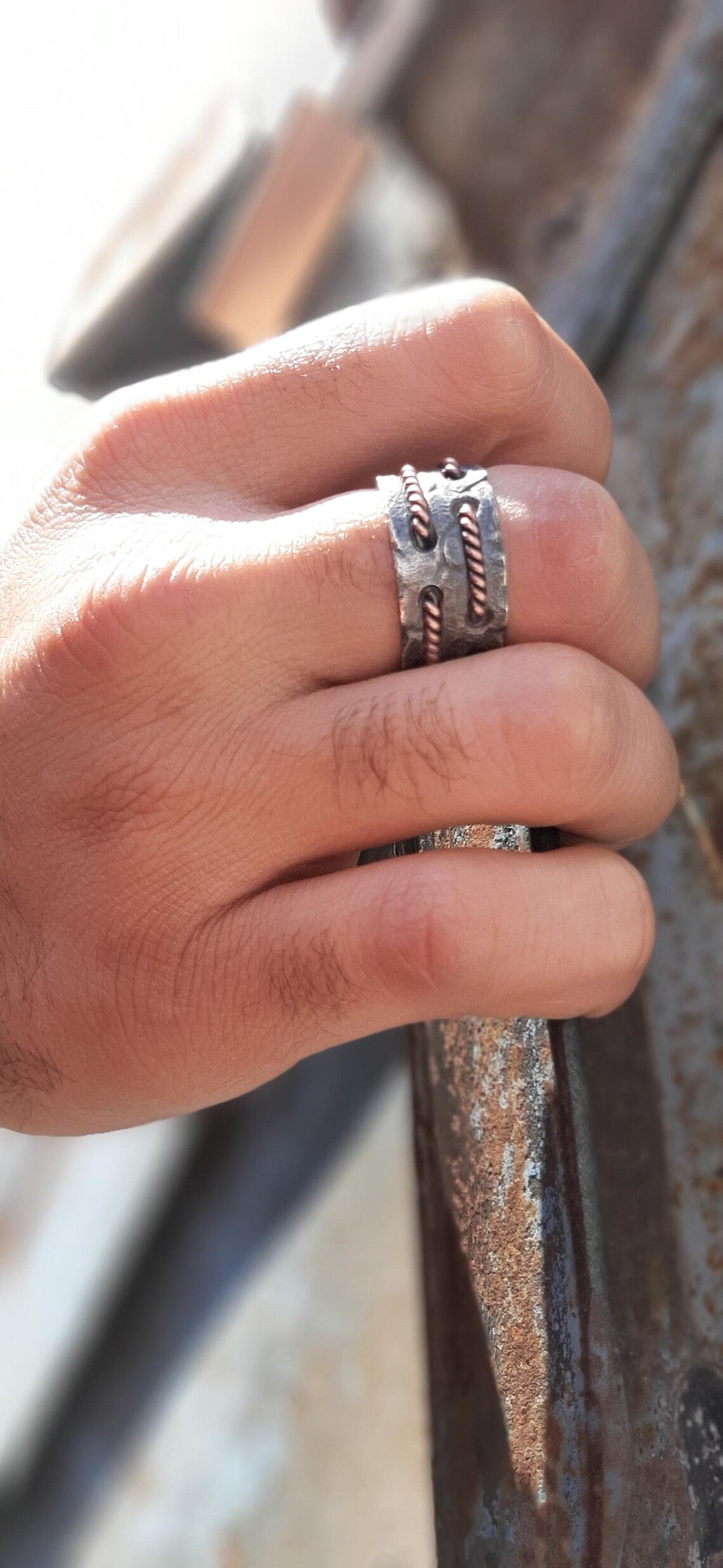 Rustic industrial style handmade silver and copper jewelry ring