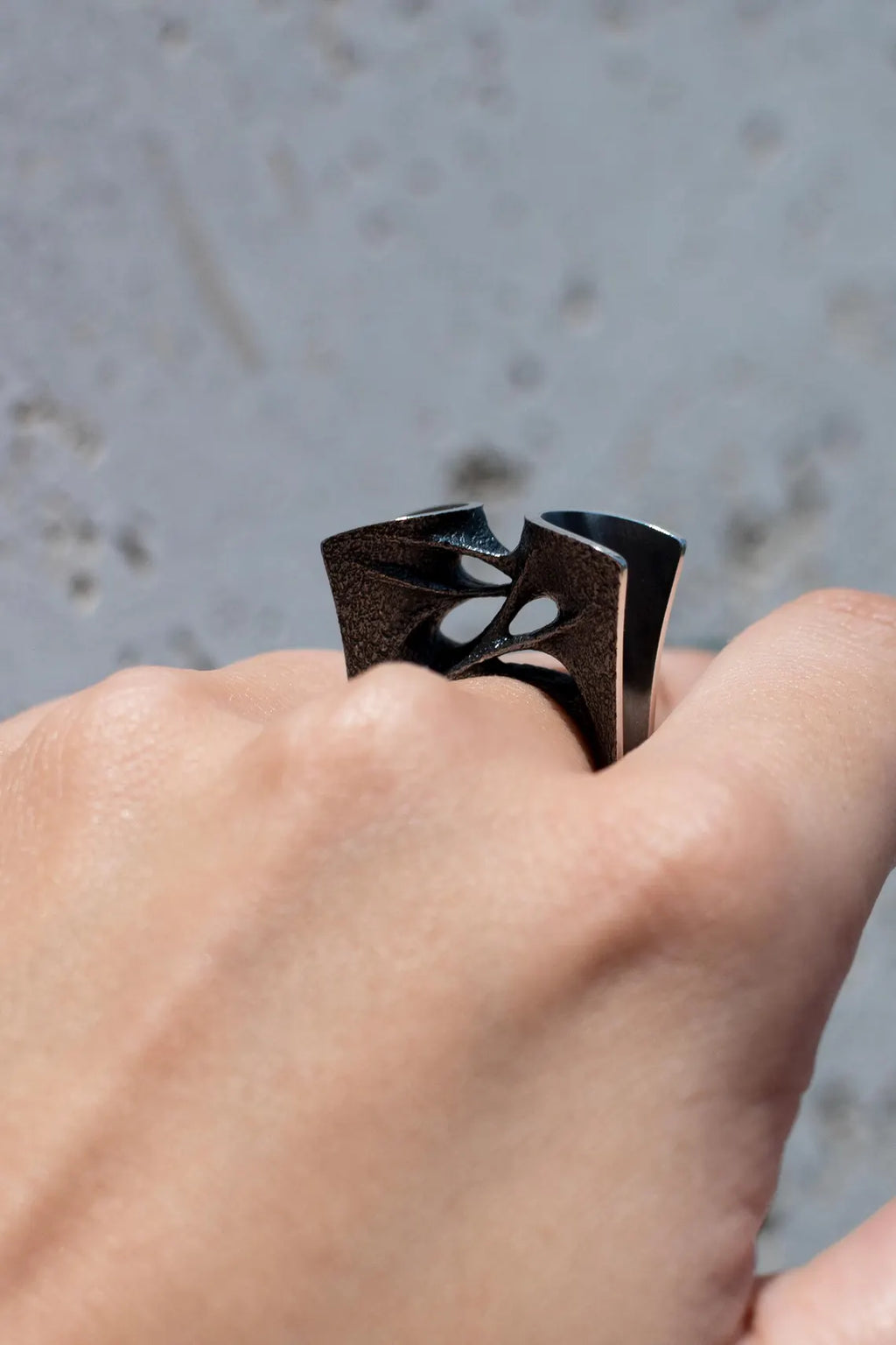 Oxidized and polished sculptural statement ring jewelry