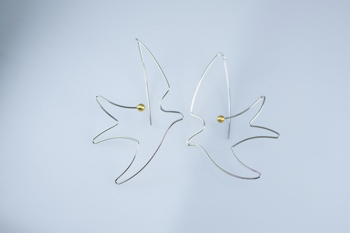 Sterling silver bird and pearl earrings detail
