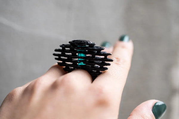 Architectural sterling silver ring with blue quartz