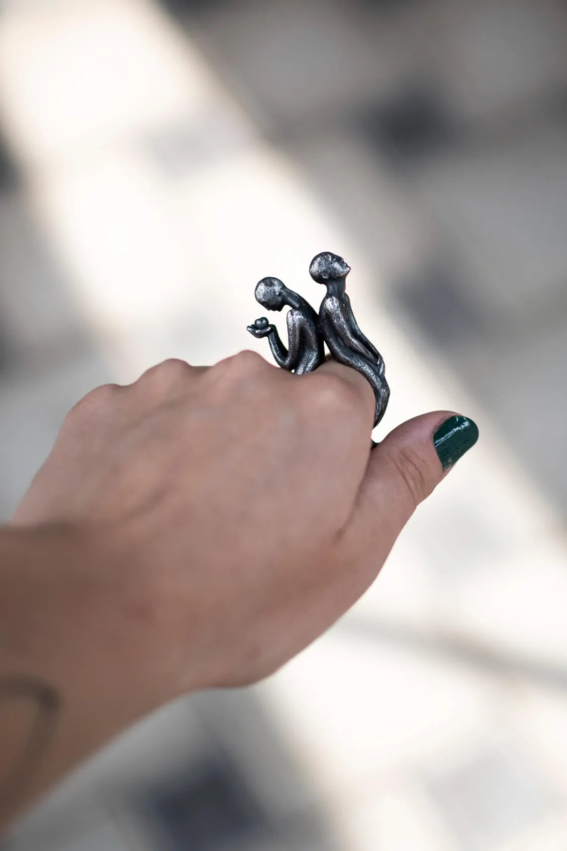 Handmade sculptural sterling silver mythological statement ring
