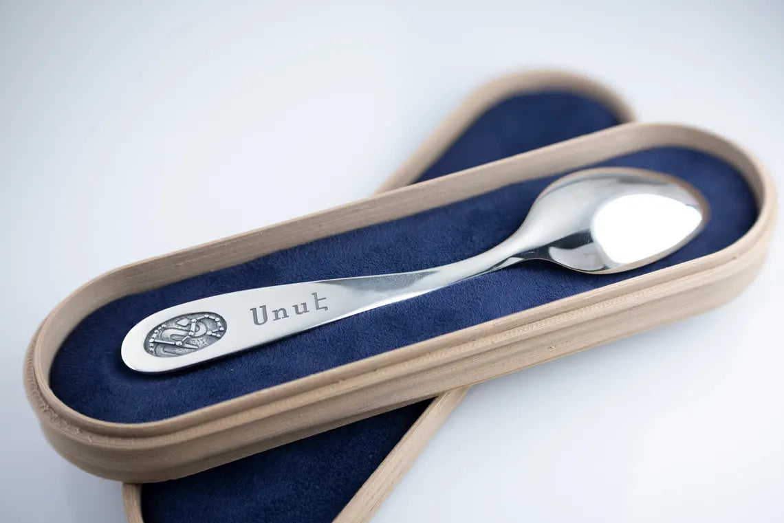 Personalized baby spoon keepsake in velvet-lined wooden box