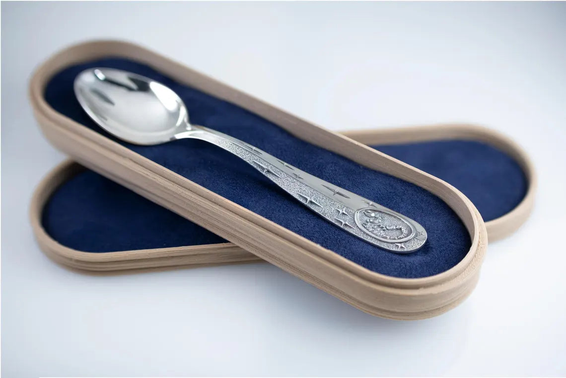 Handcrafted sterling silver Scorpio baby spoon zodiac design