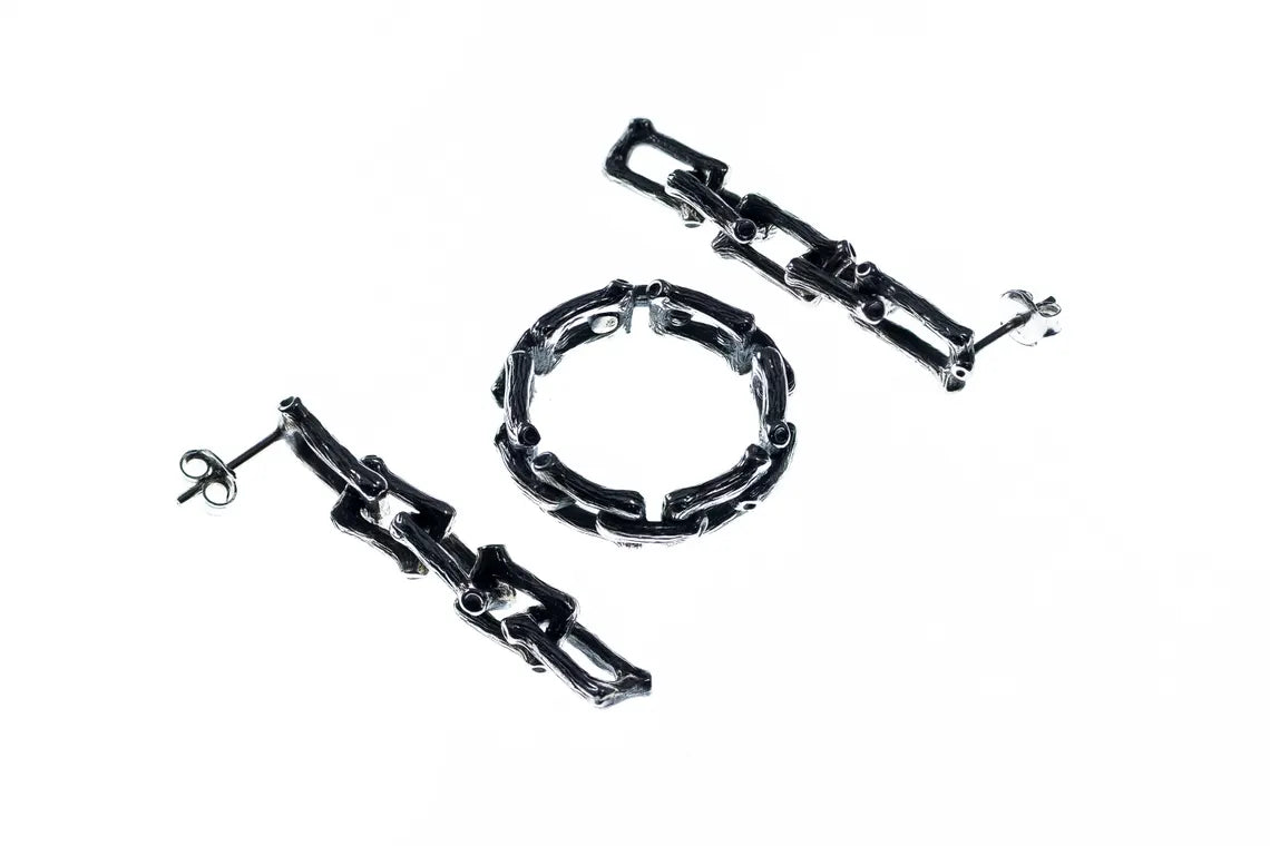 Handcrafted Sterling Silver Chain Link Earrings – Rustic Textured Unisex Dangle Jewelry